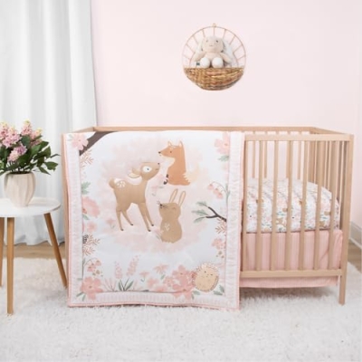 Product: The Peanutshell 4 Piece Baby Crib Bedding Set for Girls - Newborn, Infant & Toddler Nursery Bed Set with Fitted Crib Sheet, Dust Ruffle, Comforter, Bunny Toy - Forest Girl Nursery Decor