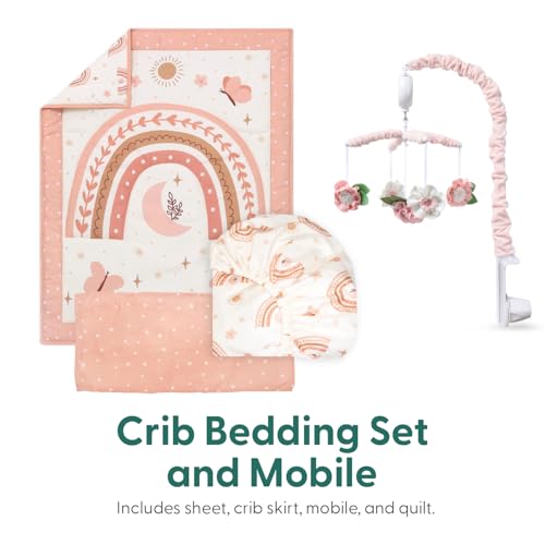 The Peanutshell Boho Rainbow Baby Crib Bedding Set for Girls, Butterfly Cosmic Floral Nursery Decor, 28x52cm 1 Product: The Peanutshell 4 Piece Baby Crib Bedding Set for Girls - Newborn, Infant & Toddler Nursery Bed Set with Fitted Crib Sheet, Dust Ruffle, Comforter, Mobile - Boho Rainbow Nursery Decor
