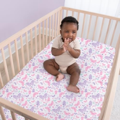 Product: The Peanutshell 4 Piece Baby Crib Bedding Set for Girls - Newborn, Infant & Toddler Nursery Bed Set with Fitted Crib Sheet, Dust Ruffle, Comforter, Mobile - Butterfly Floral Nursery Decor