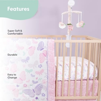 Product: The Peanutshell 4 Piece Baby Crib Bedding Set for Girls - Newborn, Infant & Toddler Nursery Bed Set with Fitted Crib Sheet, Dust Ruffle, Comforter, Mobile - Butterfly Floral Nursery Decor