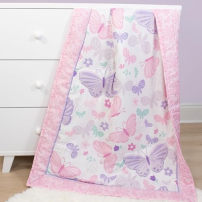 Product: The Peanutshell 4 Piece Baby Crib Bedding Set for Girls - Newborn, Infant & Toddler Nursery Bed Set with Fitted Crib Sheet, Dust Ruffle, Comforter, Mobile - Butterfly Floral Nursery Decor