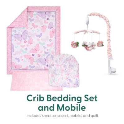 Product: The Peanutshell 4 Piece Baby Crib Bedding Set for Girls - Newborn, Infant & Toddler Nursery Bed Set with Fitted Crib Sheet, Dust Ruffle, Comforter, Mobile - Butterfly Floral Nursery Decor