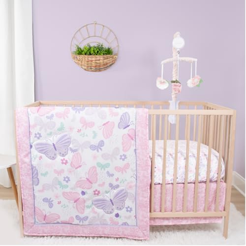 Product: The Peanutshell 4 Piece Baby Crib Bedding Set for Girls - Newborn, Infant & Toddler Nursery Bed Set with Fitted Crib Sheet, Dust Ruffle, Comforter, Mobile - Butterfly Floral Nursery Decor
