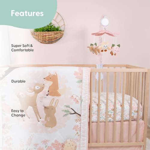 The Peanutshell Fairytale Forest Baby Girl Crib Bedding Set, 4 Piece Woodland Nursery Decor, Pink Animal Motif, 28 x 52 3 Product: The Peanutshell 4 Piece Baby Crib Bedding Set for Girls - Newborn, Infant & Toddler Nursery Bed Set with Fitted Crib Sheet, Dust Ruffle Comforter, Mobile - Fairytale Forest Nursery Decor