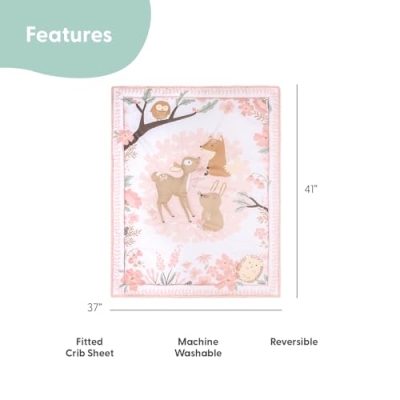 The Peanutshell Fairytale Forest Baby Girl Crib Bedding Set, 4 Piece Woodland Nursery Decor, Pink Animal Motif, 28 x 52 10 Product: The Peanutshell 4 Piece Baby Crib Bedding Set for Girls - Newborn, Infant & Toddler Nursery Bed Set with Fitted Crib Sheet, Dust Ruffle Comforter, Mobile - Fairytale Forest Nursery Decor