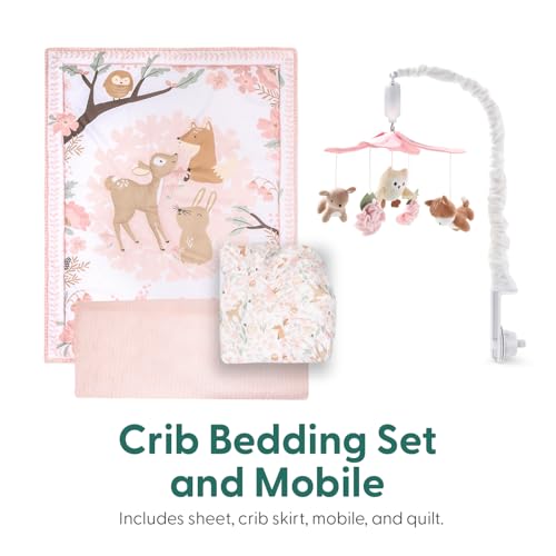 The Peanutshell Fairytale Forest Baby Girl Crib Bedding Set, 4 Piece Woodland Nursery Decor, Pink Animal Motif, 28 x 52 1 Product: The Peanutshell 4 Piece Baby Crib Bedding Set for Girls - Newborn, Infant & Toddler Nursery Bed Set with Fitted Crib Sheet, Dust Ruffle Comforter, Mobile - Fairytale Forest Nursery Decor