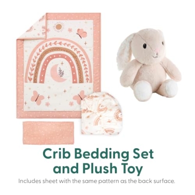 Peanutshell Baby Crib Bedding Set for Girls, Boho Rainbow Nursery Decor, Quilt Sheet Skirt Bunny, 28x52cm 8 Product: The Peanutshell 4 Piece Baby Crib Bedding Set for Girls - Newborn, Infant & Toddler Nursery Bed Set with Fitted Crib Sheet, Dust Ruffle Comforter, Plush Bunny Rabbit Toy - Boho Rainbow Nursery Decor