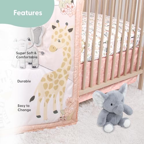 Peanutshell Safari Jungle Baby Crib Bedding Set for Girls, Blush White 4 Piece Nursery Decor, 28x52in 3 Product: The Peanutshell 4 Piece Baby Crib Bedding Set for Girls - Newborn, Infant & Toddler Nursery Bed Set with Fitted Crib Sheet, Dust Ruffle, Comforter, Plush Elephant - Safari Jungle Nursery Decor