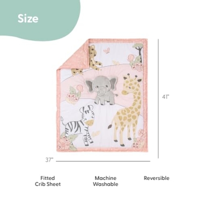 Peanutshell Safari Jungle Baby Crib Bedding Set for Girls, Blush White 4 Piece Nursery Decor, 28x52in 9 Product: The Peanutshell 4 Piece Baby Crib Bedding Set for Girls - Newborn, Infant & Toddler Nursery Bed Set with Fitted Crib Sheet, Dust Ruffle, Comforter, Plush Elephant - Safari Jungle Nursery Decor