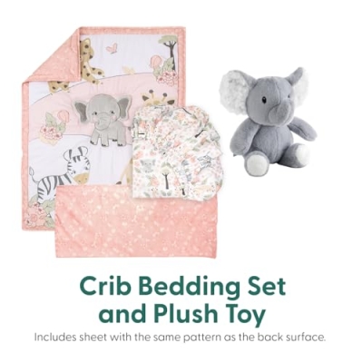 Peanutshell Safari Jungle Baby Crib Bedding Set for Girls, Blush White 4 Piece Nursery Decor, 28x52in 8 Product: The Peanutshell 4 Piece Baby Crib Bedding Set for Girls - Newborn, Infant & Toddler Nursery Bed Set with Fitted Crib Sheet, Dust Ruffle, Comforter, Plush Elephant - Safari Jungle Nursery Decor