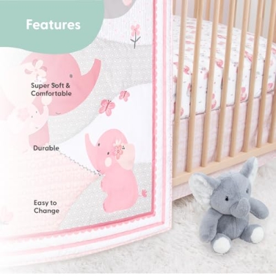 Product: The Peanutshell 4 Piece Baby Crib Bedding Set for Girls - Newborn, Infant & Toddler Nursery Bed Set with Fitted Crib Sheet, Dust Ruffle Comforter, Plush Elephant Toy - Pink Elephant Nursery Decor