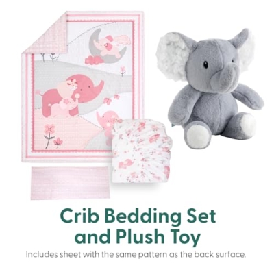Product: The Peanutshell 4 Piece Baby Crib Bedding Set for Girls - Newborn, Infant & Toddler Nursery Bed Set with Fitted Crib Sheet, Dust Ruffle Comforter, Plush Elephant Toy - Pink Elephant Nursery Decor