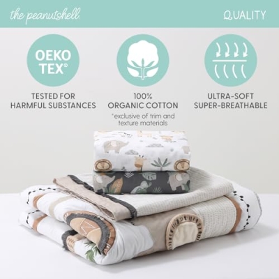 Safari Friends Crib Bedding Set, 4 Piece Organic Cotton Quilt, Sheets, Bed Skirt, Animal Nursery, 28x52in 9 Product: The Peanutshell 4 Piece Organic Cotton Baby Crib Bedding Set for Boys & Girls - Newborn, Infant & Toddler Nursery Bed Set Decor with Two Crib Sheets, Dust Ruffle Comforter - Safari Serenity