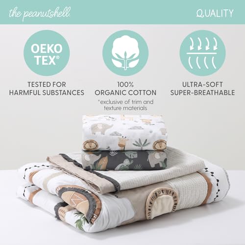 Safari Friends Crib Bedding Set, 4 Piece Organic Cotton Quilt, Sheets, Bed Skirt, Animal Nursery, 28x52in 2 Product: The Peanutshell 4 Piece Organic Cotton Baby Crib Bedding Set for Boys & Girls - Newborn, Infant & Toddler Nursery Bed Set Decor with Two Crib Sheets, Dust Ruffle Comforter - Safari Serenity