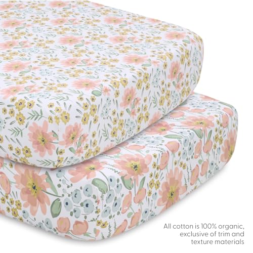 Organic Cotton Crib Bedding Set, Pink Mint Floral Nursery Bundle, 4 Piece Meadow Bloom, 28x52in 3 Product: The Peanutshell 4 Piece Organic Cotton Baby Crib Bedding Set for Girls - Newborn, Infant & Toddler Nursery Bed Set Decor with Two Crib Sheets, Dust Ruffle Comforter - Wildflower