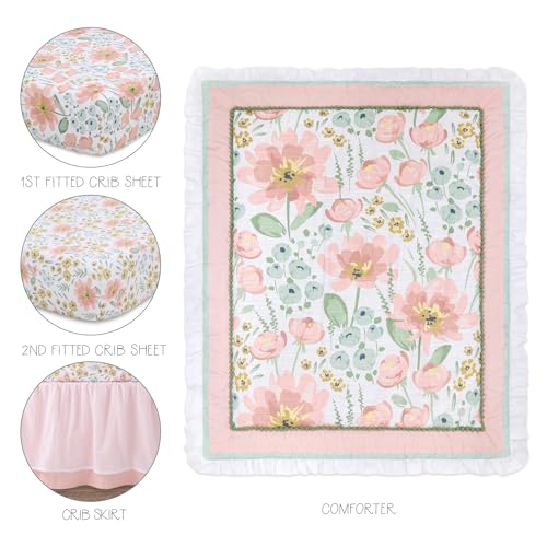 Organic Cotton Crib Bedding Set, Pink Mint Floral Nursery Bundle, 4 Piece Meadow Bloom, 28x52in 1 Product: The Peanutshell 4 Piece Organic Cotton Baby Crib Bedding Set for Girls - Newborn, Infant & Toddler Nursery Bed Set Decor with Two Crib Sheets, Dust Ruffle Comforter - Wildflower