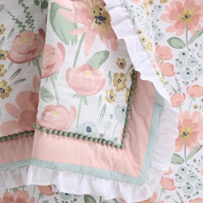 Organic Cotton Crib Bedding Set, Pink Mint Floral Nursery Bundle, 4 Piece Meadow Bloom, 28x52in 13 Product: The Peanutshell 4 Piece Organic Cotton Baby Crib Bedding Set for Girls - Newborn, Infant & Toddler Nursery Bed Set Decor with Two Crib Sheets, Dust Ruffle Comforter - Wildflower