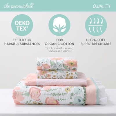 Organic Cotton Crib Bedding Set, Pink Mint Floral Nursery Bundle, 4 Piece Meadow Bloom, 28x52in 9 Product: The Peanutshell 4 Piece Organic Cotton Baby Crib Bedding Set for Girls - Newborn, Infant & Toddler Nursery Bed Set Decor with Two Crib Sheets, Dust Ruffle Comforter - Wildflower