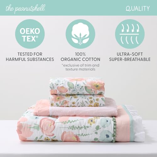 Organic Cotton Crib Bedding Set, Pink Mint Floral Nursery Bundle, 4 Piece Meadow Bloom, 28x52in 2 Product: The Peanutshell 4 Piece Organic Cotton Baby Crib Bedding Set for Girls - Newborn, Infant & Toddler Nursery Bed Set Decor with Two Crib Sheets, Dust Ruffle Comforter - Wildflower