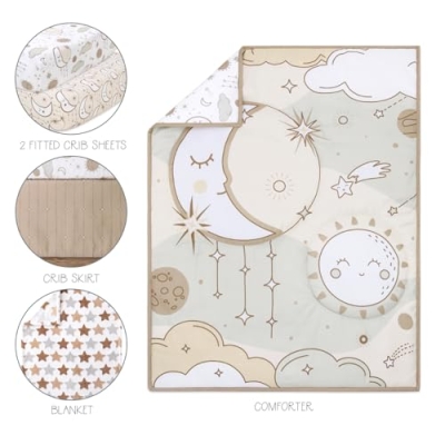 Baby Crib Bedding Set, Peanutshell Starry Skies 5 Piece, Celestial Moon Sun Stars Clouds Nursery, 28x52in 7 Product: The Peanutshell 5 Piece Baby Crib Bedding Set for Boys & Girls - Newborn, Infant & Toddler Nursery Bed Set Decor with Fitted Crib Sheets, Blanket, Dust Ruffle Comforter - Starry Skies