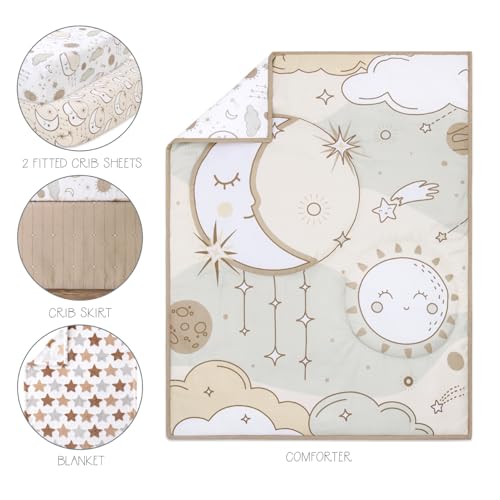 Baby Crib Bedding Set, Peanutshell Starry Skies 5 Piece, Celestial Moon Sun Stars Clouds Nursery, 28x52in 1 Product: The Peanutshell 5 Piece Baby Crib Bedding Set for Boys & Girls - Newborn, Infant & Toddler Nursery Bed Set Decor with Fitted Crib Sheets, Blanket, Dust Ruffle Comforter - Starry Skies