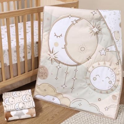 Baby Crib Bedding Set, Peanutshell Starry Skies 5 Piece, Celestial Moon Sun Stars Clouds Nursery, 28x52in 11 Product: The Peanutshell 5 Piece Baby Crib Bedding Set for Boys & Girls - Newborn, Infant & Toddler Nursery Bed Set Decor with Fitted Crib Sheets, Blanket, Dust Ruffle Comforter - Starry Skies