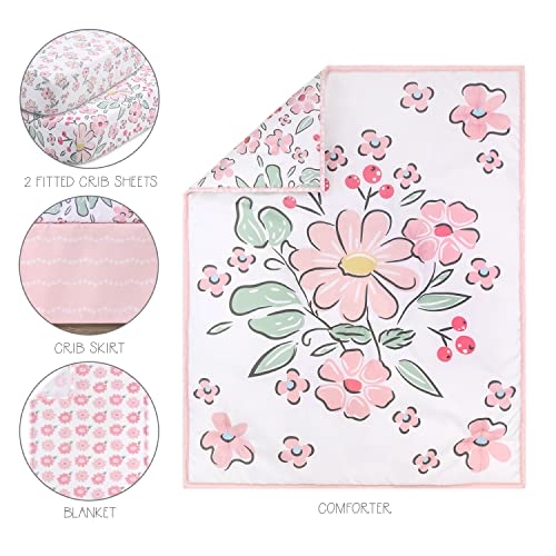 The Peanutshell Floral Fun 5 Piece Baby Crib Bedding Set for Girls, Floral Pink White Nursery Decor, 28x52in 1 Product: The Peanutshell 5 Piece Baby Crib Bedding Set for Girls - Newborn, Infant & Toddler Nursery Bed Set Decor with Fitted Crib Sheets, Blanket, Dust Ruffle, Comforter - Floral Fun