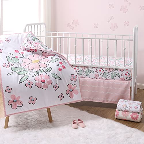 The Peanutshell Floral Fun 5 Piece Baby Crib Bedding Set for Girls, Floral Pink White Nursery Decor, 28x52in 5 Product: The Peanutshell 5 Piece Baby Crib Bedding Set for Girls - Newborn, Infant & Toddler Nursery Bed Set Decor with Fitted Crib Sheets, Blanket, Dust Ruffle, Comforter - Floral Fun