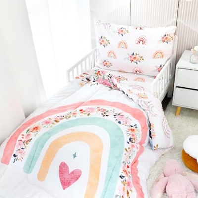 Rainbow Floral Toddler Bedding Set, 4 Piece Cozy Bundle Comforter Sheets Pillowcase, 28 x 52 in 13 Product: Toddler Bedding Sets for Girls, Rainbow Toddler Crib Bedding Set 4 Piece Pink Floral Toddler Comforter Set Includes Flat Top Sheet, Fitted Sheet, Comforter, Envelope Pillowcase, Soft & Comfort
