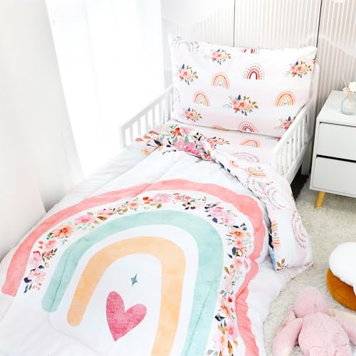 Rainbow Floral Toddler Bedding Set, 4 Piece Cozy Bundle Comforter Sheets Pillowcase, 28 x 52 in 6 Product: Toddler Bedding Sets for Girls, Rainbow Toddler Crib Bedding Set 4 Piece Pink Floral Toddler Comforter Set Includes Flat Top Sheet, Fitted Sheet, Comforter, Envelope Pillowcase, Soft & Comfort