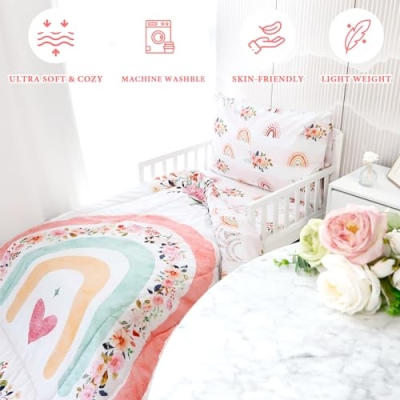 Rainbow Floral Toddler Bedding Set, 4 Piece Cozy Bundle Comforter Sheets Pillowcase, 28 x 52 in 11 Product: Toddler Bedding Sets for Girls, Rainbow Toddler Crib Bedding Set 4 Piece Pink Floral Toddler Comforter Set Includes Flat Top Sheet, Fitted Sheet, Comforter, Envelope Pillowcase, Soft & Comfort