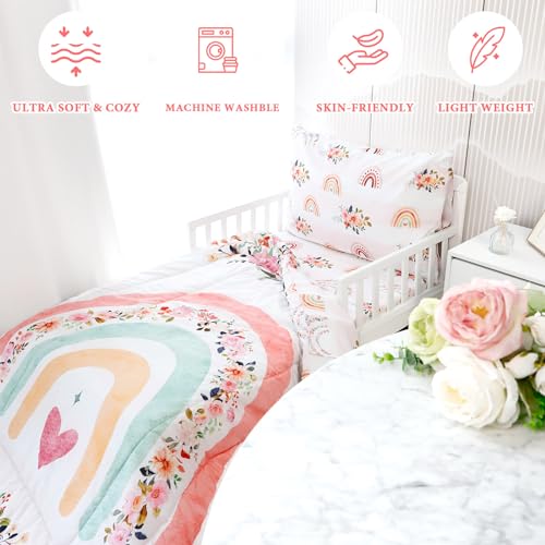 Rainbow Floral Toddler Bedding Set, 4 Piece Cozy Bundle Comforter Sheets Pillowcase, 28 x 52 in 4 Product: Toddler Bedding Sets for Girls, Rainbow Toddler Crib Bedding Set 4 Piece Pink Floral Toddler Comforter Set Includes Flat Top Sheet, Fitted Sheet, Comforter, Envelope Pillowcase, Soft & Comfort