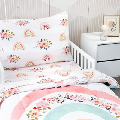 Rainbow Floral Toddler Bedding Set, 4 Piece Cozy Bundle Comforter Sheets Pillowcase, 28 x 52 in 10 Product: Toddler Bedding Sets for Girls, Rainbow Toddler Crib Bedding Set 4 Piece Pink Floral Toddler Comforter Set Includes Flat Top Sheet, Fitted Sheet, Comforter, Envelope Pillowcase, Soft & Comfort