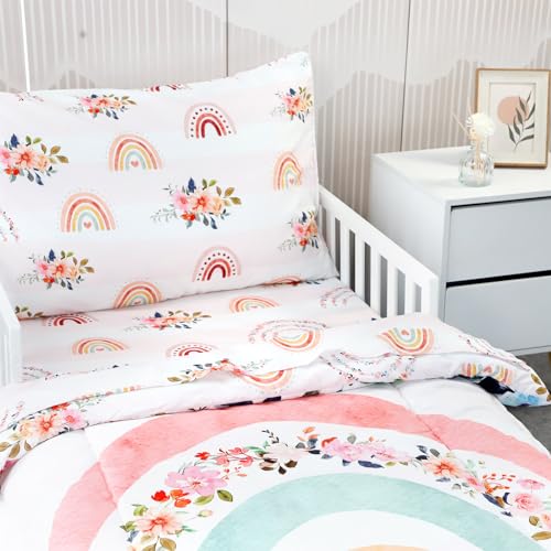 Rainbow Floral Toddler Bedding Set, 4 Piece Cozy Bundle Comforter Sheets Pillowcase, 28 x 52 in 3 Product: Toddler Bedding Sets for Girls, Rainbow Toddler Crib Bedding Set 4 Piece Pink Floral Toddler Comforter Set Includes Flat Top Sheet, Fitted Sheet, Comforter, Envelope Pillowcase, Soft & Comfort