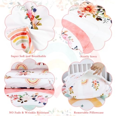 Rainbow Floral Toddler Bedding Set, 4 Piece Cozy Bundle Comforter Sheets Pillowcase, 28 x 52 in 9 Product: Toddler Bedding Sets for Girls, Rainbow Toddler Crib Bedding Set 4 Piece Pink Floral Toddler Comforter Set Includes Flat Top Sheet, Fitted Sheet, Comforter, Envelope Pillowcase, Soft & Comfort