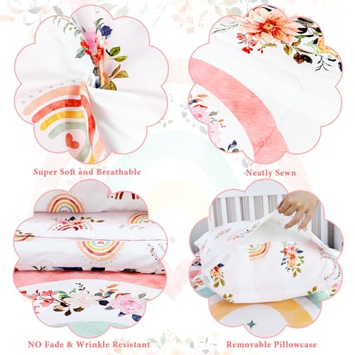 Rainbow Floral Toddler Bedding Set, 4 Piece Cozy Bundle Comforter Sheets Pillowcase, 28 x 52 in 2 Product: Toddler Bedding Sets for Girls, Rainbow Toddler Crib Bedding Set 4 Piece Pink Floral Toddler Comforter Set Includes Flat Top Sheet, Fitted Sheet, Comforter, Envelope Pillowcase, Soft & Comfort