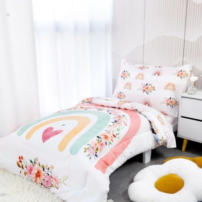 Rainbow Floral Toddler Bedding Set, 4 Piece Cozy Bundle Comforter Sheets Pillowcase, 28 x 52 in 8 Product: Toddler Bedding Sets for Girls, Rainbow Toddler Crib Bedding Set 4 Piece Pink Floral Toddler Comforter Set Includes Flat Top Sheet, Fitted Sheet, Comforter, Envelope Pillowcase, Soft & Comfort