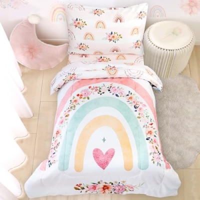 Product: Toddler Bedding Sets for Girls, Rainbow Toddler Crib Bedding Set 4 Piece Pink Floral Toddler Comforter Set Includes Flat Top Sheet, Fitted Sheet, Comforter, Envelope Pillowcase, Soft & Comfort