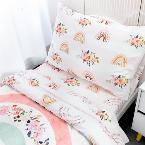 Rainbow Floral Toddler Bedding Set, 4 Piece Cozy Bundle Comforter Sheets Pillowcase, 28 x 52 in 5 Product: Toddler Bedding Sets for Girls, Rainbow Toddler Crib Bedding Set 4 Piece Pink Floral Toddler Comforter Set Includes Flat Top Sheet, Fitted Sheet, Comforter, Envelope Pillowcase, Soft & Comfort