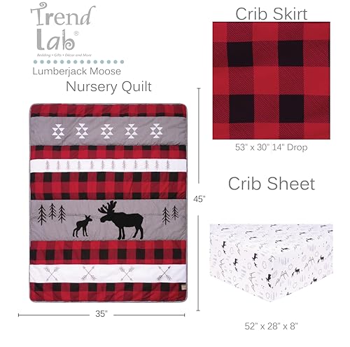 Trend Lab Lumberjack Moose 3 Piece Crib Bedding Set, Gender-Neutral Woodland Nursery, Quilt Sheet Skirt, 35in x 45in 2 Product: Trend Lab Lumberjack Moose 3 Piece Crib Bedding Set, Gender-Neutral Color Palette, Includes Quilt, Fitted Crib Sheet and Skirt