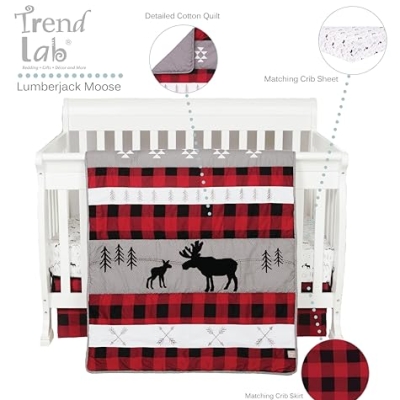 Trend Lab Lumberjack Moose 3 Piece Crib Bedding Set, Gender-Neutral Woodland Nursery, Quilt Sheet Skirt, 35in x 45in 11 Product: Trend Lab Lumberjack Moose 3 Piece Crib Bedding Set, Gender-Neutral Color Palette, Includes Quilt, Fitted Crib Sheet and Skirt