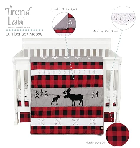 Trend Lab Lumberjack Moose 3 Piece Crib Bedding Set, Gender-Neutral Woodland Nursery, Quilt Sheet Skirt, 35in x 45in 1 Product: Trend Lab Lumberjack Moose 3 Piece Crib Bedding Set, Gender-Neutral Color Palette, Includes Quilt, Fitted Crib Sheet and Skirt