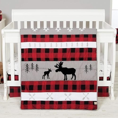 Product: Trend Lab Lumberjack Moose 3 Piece Crib Bedding Set, Gender-Neutral Color Palette, Includes Quilt, Fitted Crib Sheet and Skirt