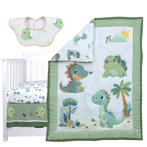 Dino Adventure Crib Bedding Set, 4 Piece Nursery Bundle, Blue Green Dinosaur Baby Bedding, 28 x 52 in 5 Product: TrenD'lay 4 Piece Unisex Baby Dinosaurs Crib bedding set for Boys or Girls. Crib Comforter set for Newborn and Baby Nursery Decor. Baby Bedding set includes Comforter, Fitted sheet, Crib skirt and Bib