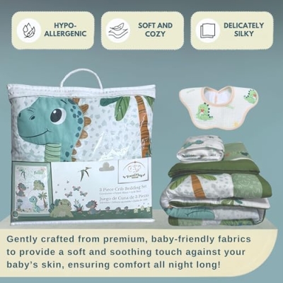 Dino Adventure Crib Bedding Set, 4 Piece Nursery Bundle, Blue Green Dinosaur Baby Bedding, 28 x 52 in 10 Product: TrenD'lay 4 Piece Unisex Baby Dinosaurs Crib bedding set for Boys or Girls. Crib Comforter set for Newborn and Baby Nursery Decor. Baby Bedding set includes Comforter, Fitted sheet, Crib skirt and Bib