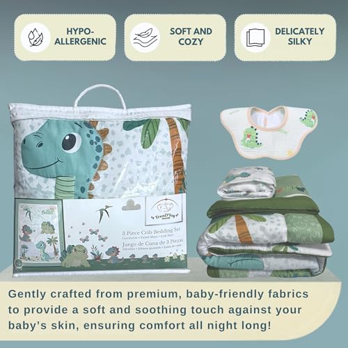 Dino Adventure Crib Bedding Set, 4 Piece Nursery Bundle, Blue Green Dinosaur Baby Bedding, 28 x 52 in 3 Product: TrenD'lay 4 Piece Unisex Baby Dinosaurs Crib bedding set for Boys or Girls. Crib Comforter set for Newborn and Baby Nursery Decor. Baby Bedding set includes Comforter, Fitted sheet, Crib skirt and Bib