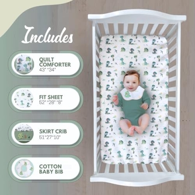 Dino Adventure Crib Bedding Set, 4 Piece Nursery Bundle, Blue Green Dinosaur Baby Bedding, 28 x 52 in 9 Product: TrenD'lay 4 Piece Unisex Baby Dinosaurs Crib bedding set for Boys or Girls. Crib Comforter set for Newborn and Baby Nursery Decor. Baby Bedding set includes Comforter, Fitted sheet, Crib skirt and Bib