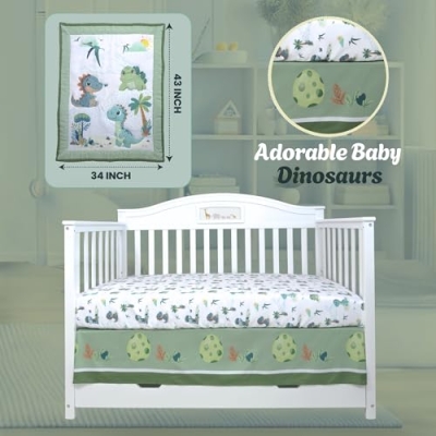 Dino Adventure Crib Bedding Set, 4 Piece Nursery Bundle, Blue Green Dinosaur Baby Bedding, 28 x 52 in 8 Product: TrenD'lay 4 Piece Unisex Baby Dinosaurs Crib bedding set for Boys or Girls. Crib Comforter set for Newborn and Baby Nursery Decor. Baby Bedding set includes Comforter, Fitted sheet, Crib skirt and Bib