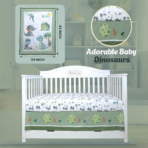 Dino Adventure Crib Bedding Set, 4 Piece Nursery Bundle, Blue Green Dinosaur Baby Bedding, 28 x 52 in 1 Product: TrenD'lay 4 Piece Unisex Baby Dinosaurs Crib bedding set for Boys or Girls. Crib Comforter set for Newborn and Baby Nursery Decor. Baby Bedding set includes Comforter, Fitted sheet, Crib skirt and Bib