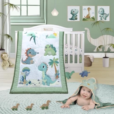 Product: TrenD'lay 4 Piece Unisex Baby Dinosaurs Crib bedding set for Boys or Girls. Crib Comforter set for Newborn and Baby Nursery Decor. Baby Bedding set includes Comforter, Fitted sheet, Crib skirt and Bib